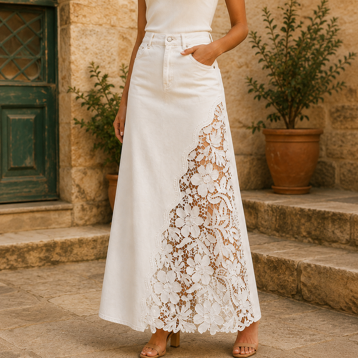 Monika Spitzen-Denim-Maxi-Rock