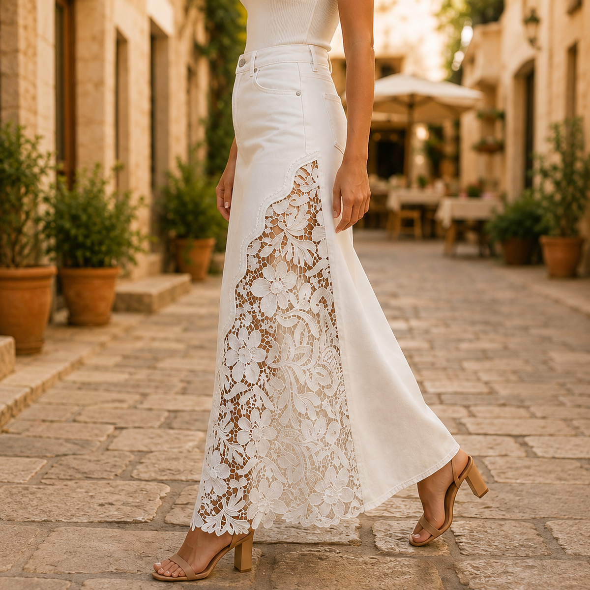 Monika Spitzen-Denim-Maxi-Rock