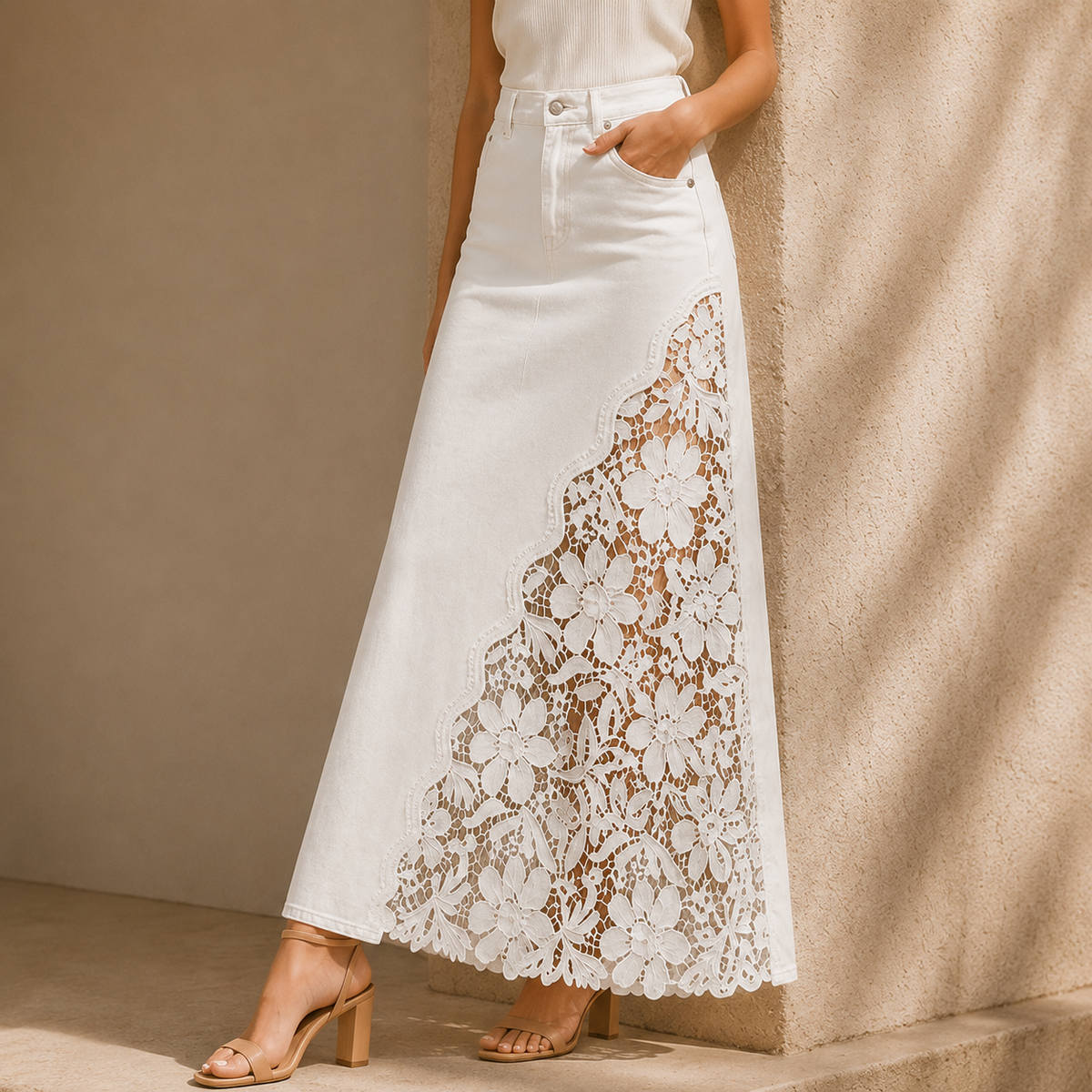 Monika Spitzen-Denim-Maxi-Rock