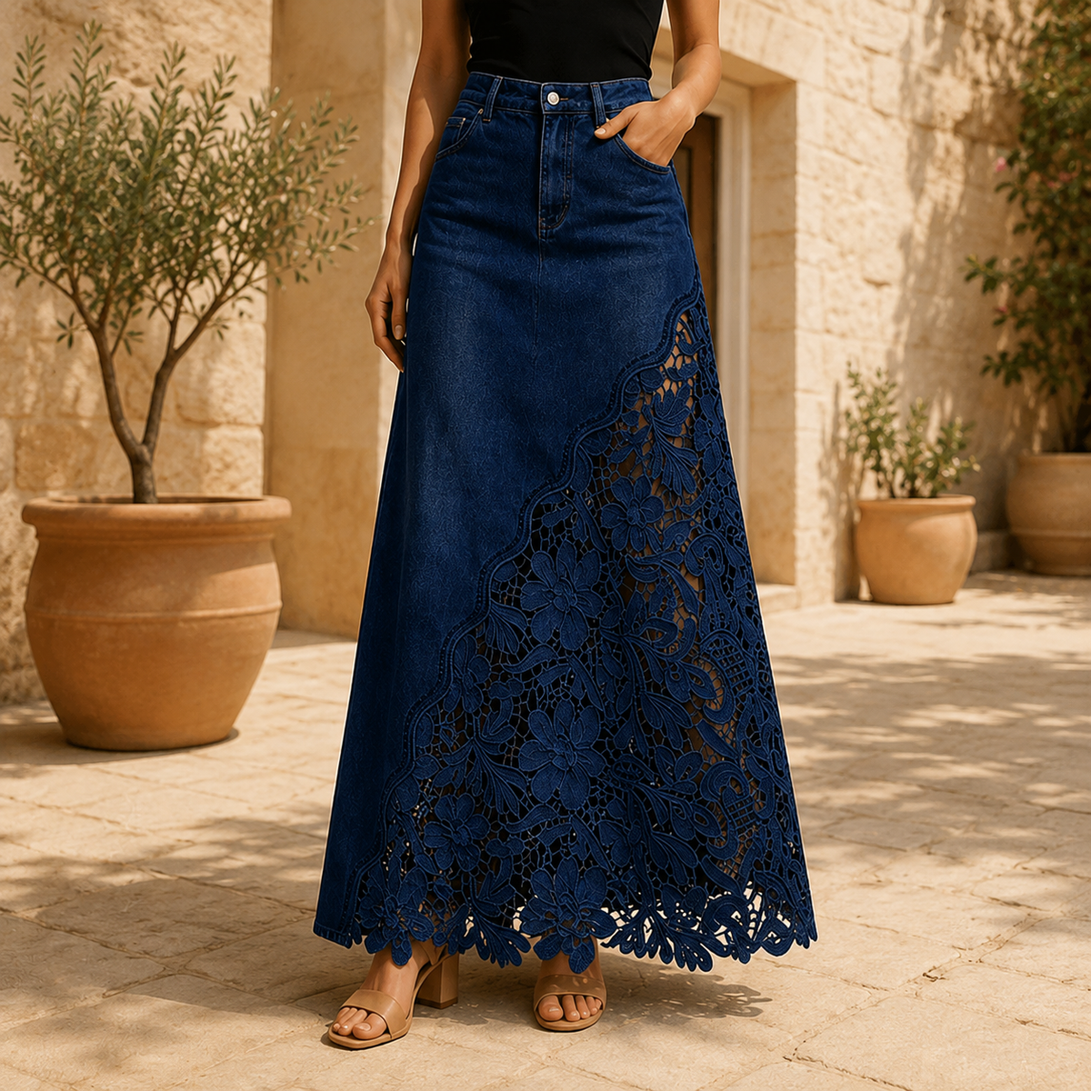 Monika Spitzen-Denim-Maxi-Rock