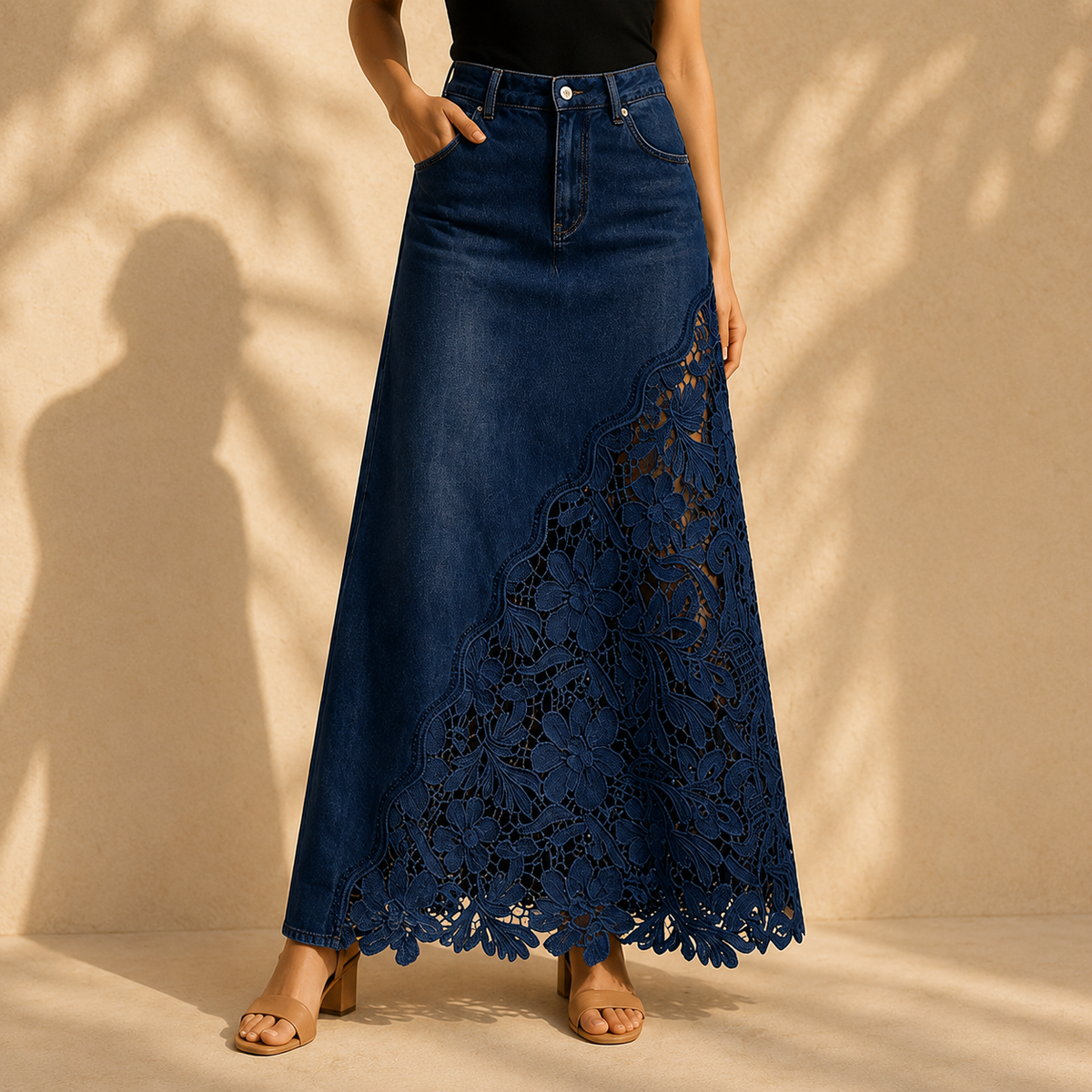 Monika Spitzen-Denim-Maxi-Rock