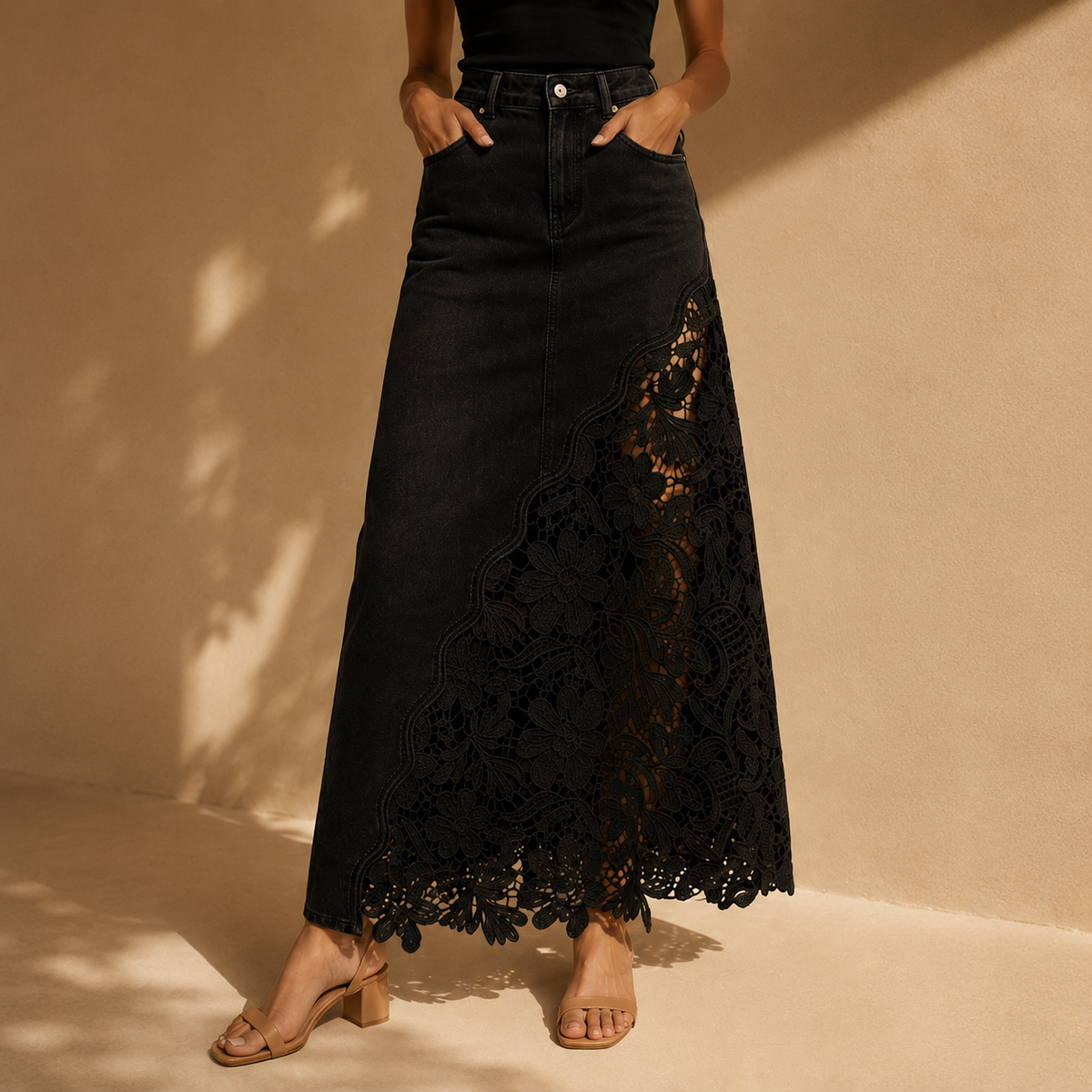 Monika Spitzen-Denim-Maxi-Rock