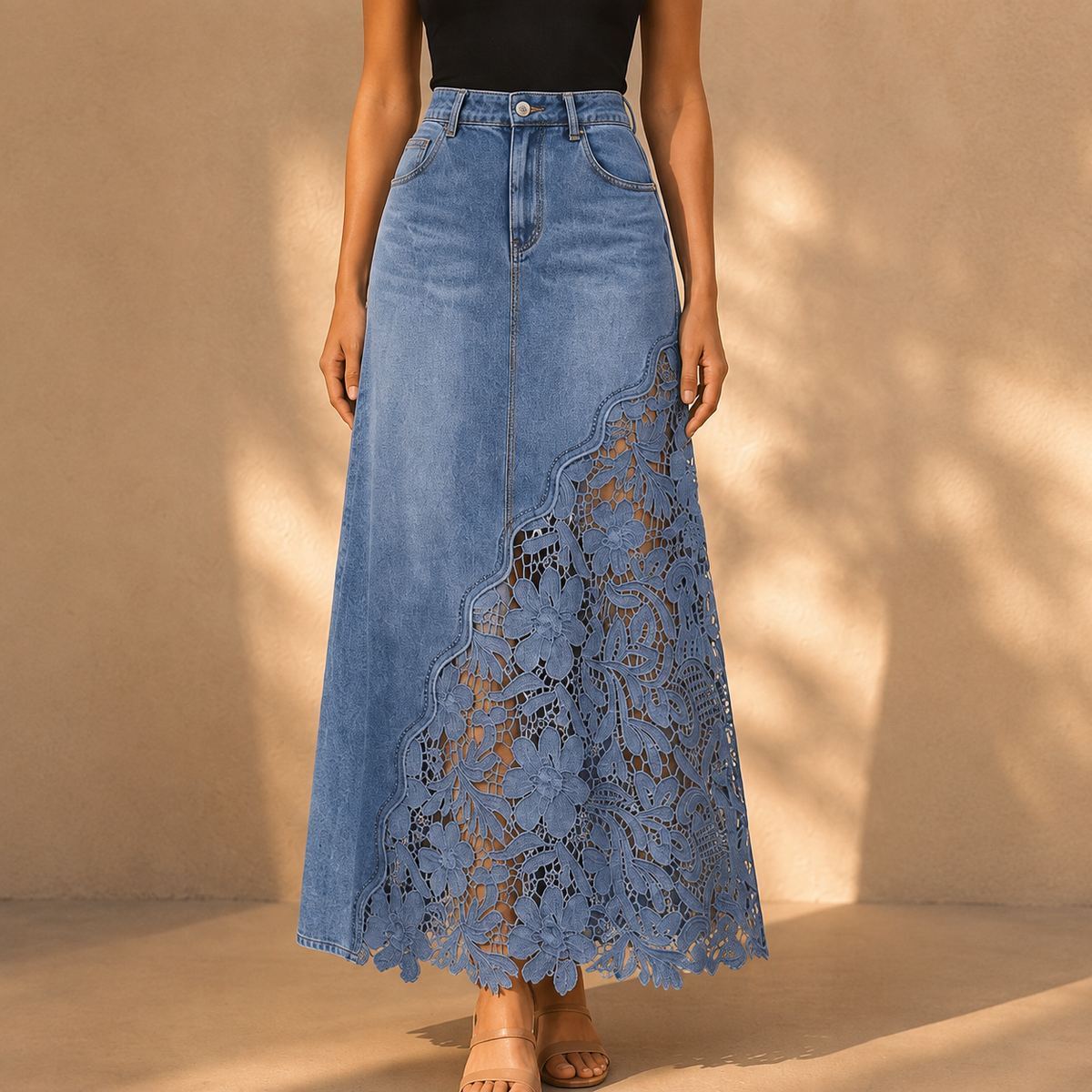 Monika Spitzen-Denim-Maxi-Rock