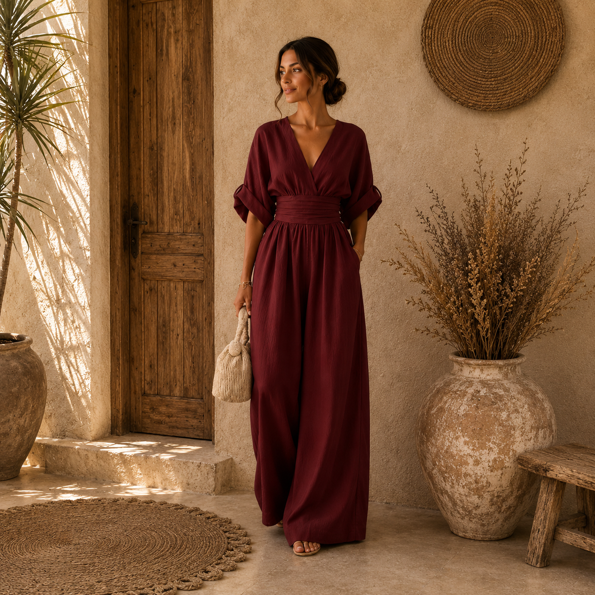 Danielle – Eleganter Overall mit V-Ausschnitt und weiten Beinen