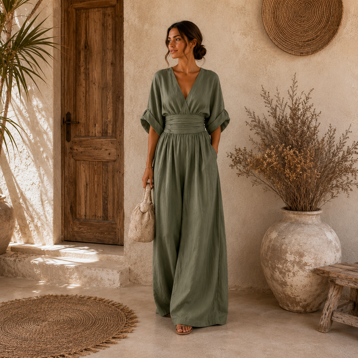 Danielle – Eleganter Overall mit V-Ausschnitt und weiten Beinen