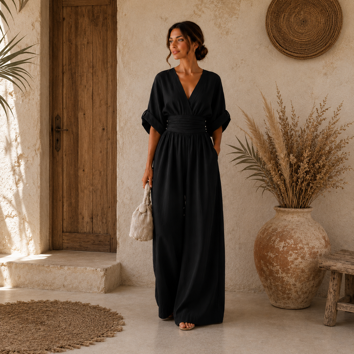 Danielle – Eleganter Overall mit V-Ausschnitt und weiten Beinen