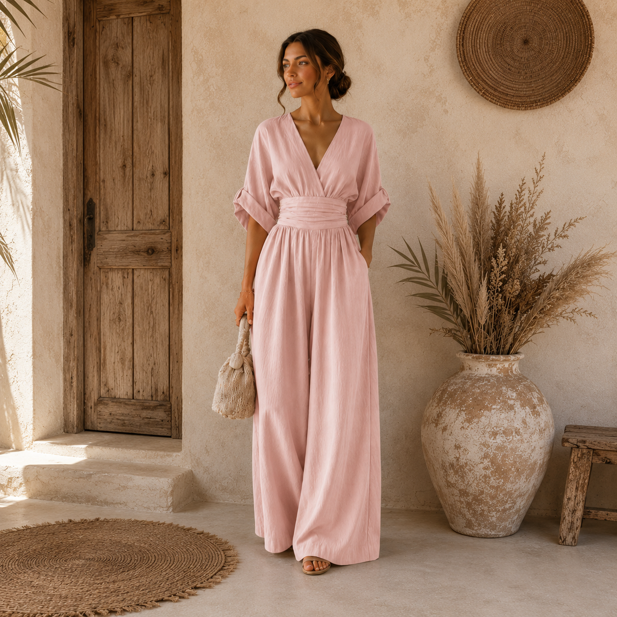 Danielle – Eleganter Overall mit V-Ausschnitt und weiten Beinen