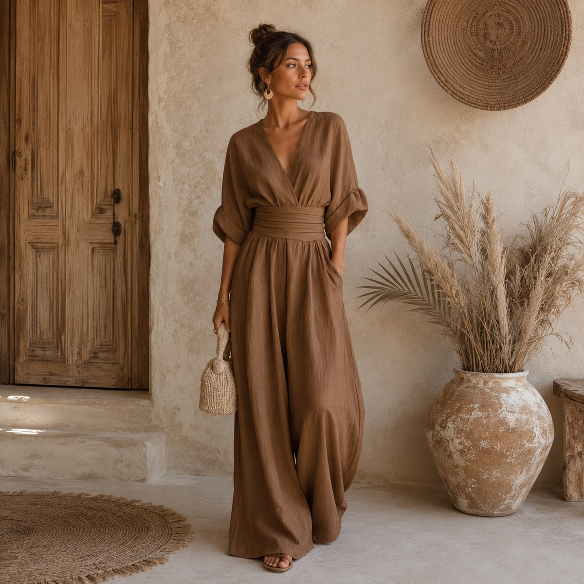 Danielle – Eleganter Overall mit V-Ausschnitt und weiten Beinen