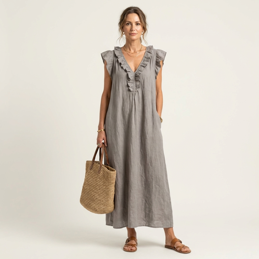 Josette – Maxikleid aus Leinen mit Rüschen und V-Ausschnitt