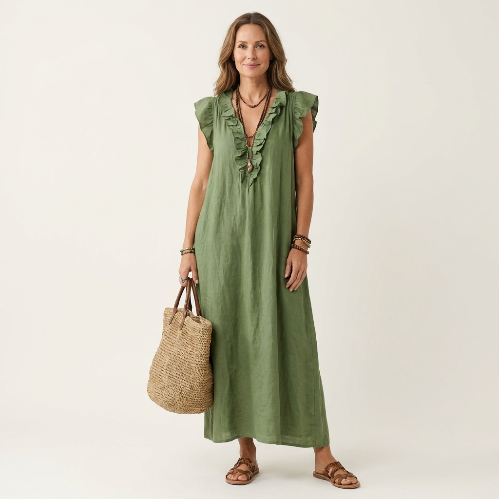 Josette – Maxikleid aus Leinen mit Rüschen und V-Ausschnitt