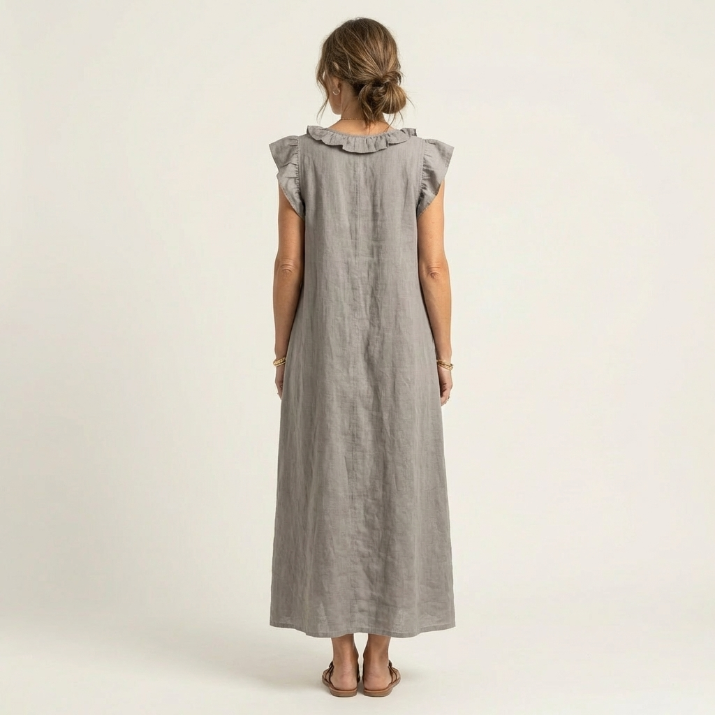 Josette – Maxikleid aus Leinen mit Rüschen und V-Ausschnitt