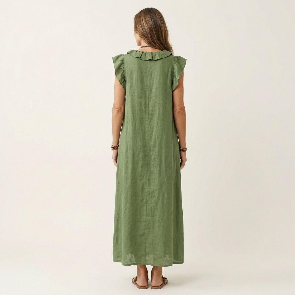 Josette – Maxikleid aus Leinen mit Rüschen und V-Ausschnitt