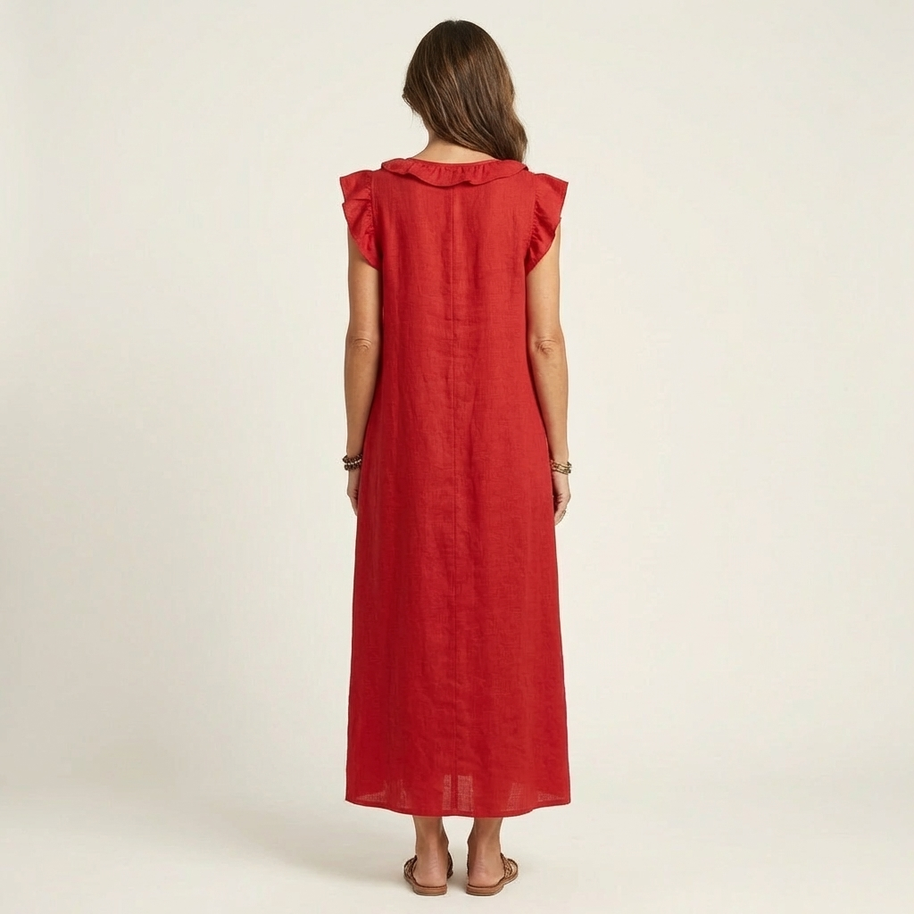 Josette – Maxikleid aus Leinen mit Rüschen und V-Ausschnitt