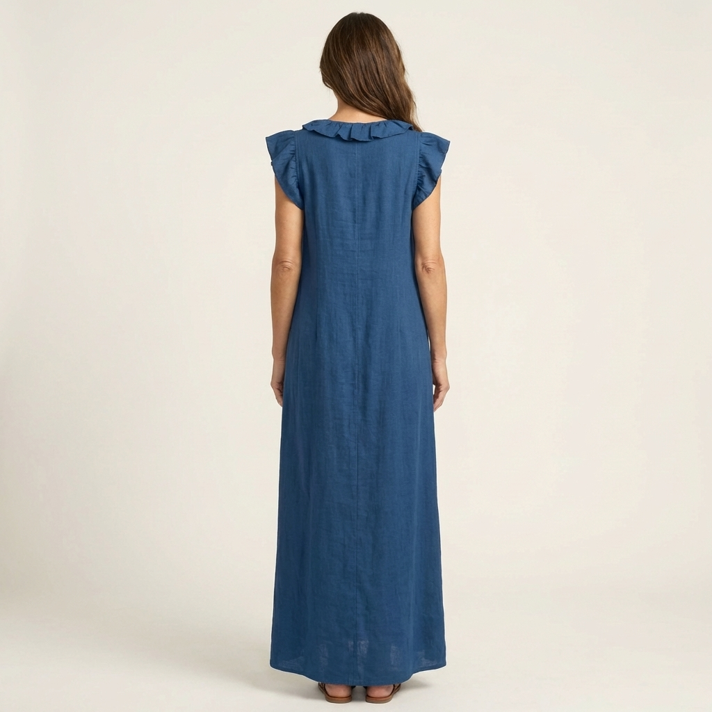 Josette – Maxikleid aus Leinen mit Rüschen und V-Ausschnitt