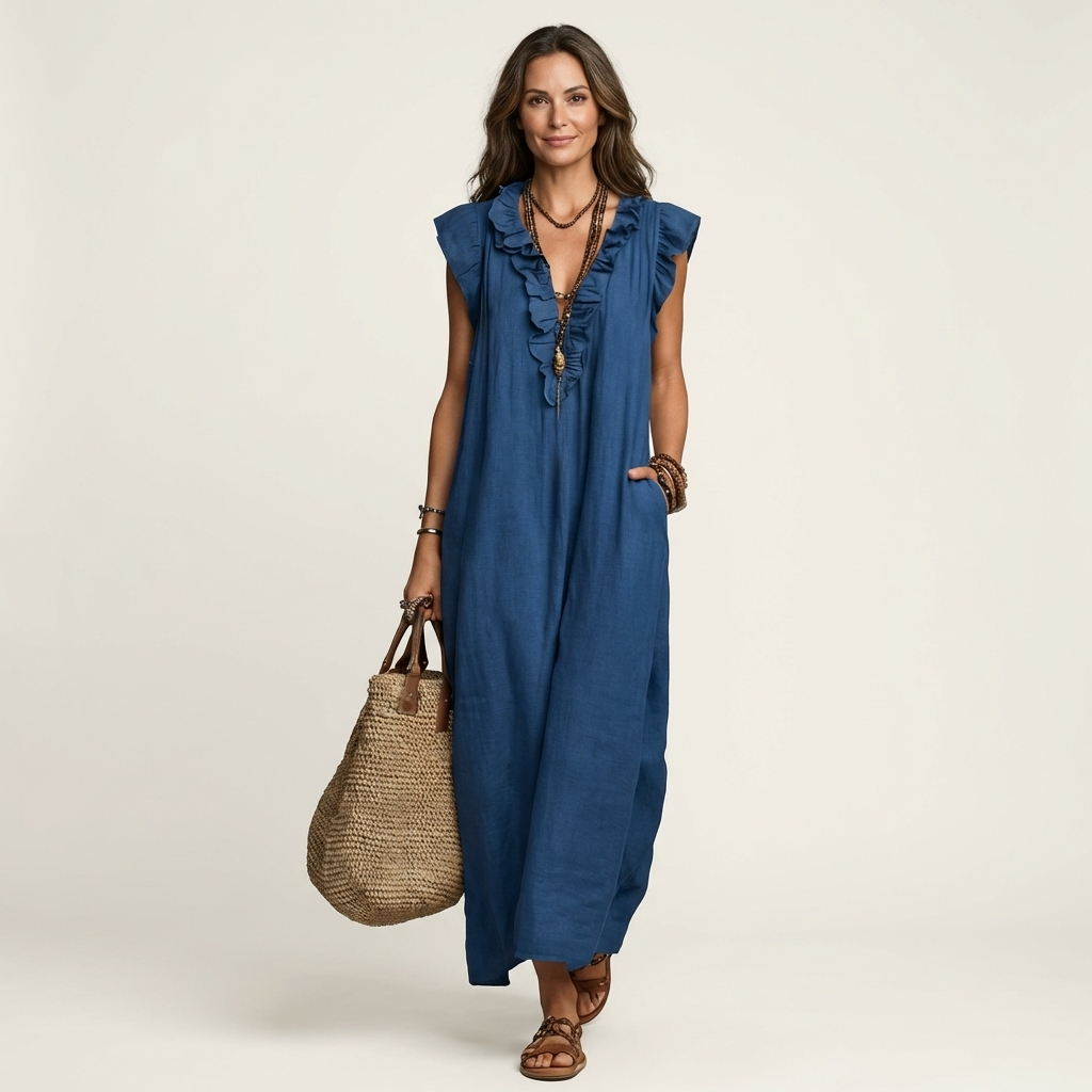 Josette – Maxikleid aus Leinen mit Rüschen und V-Ausschnitt