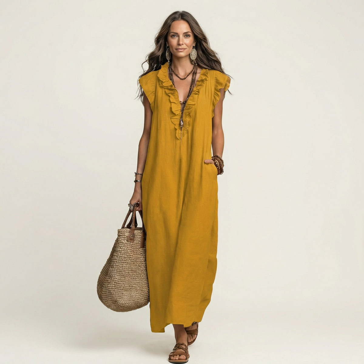 Josette – Maxikleid aus Leinen mit Rüschen und V-Ausschnitt