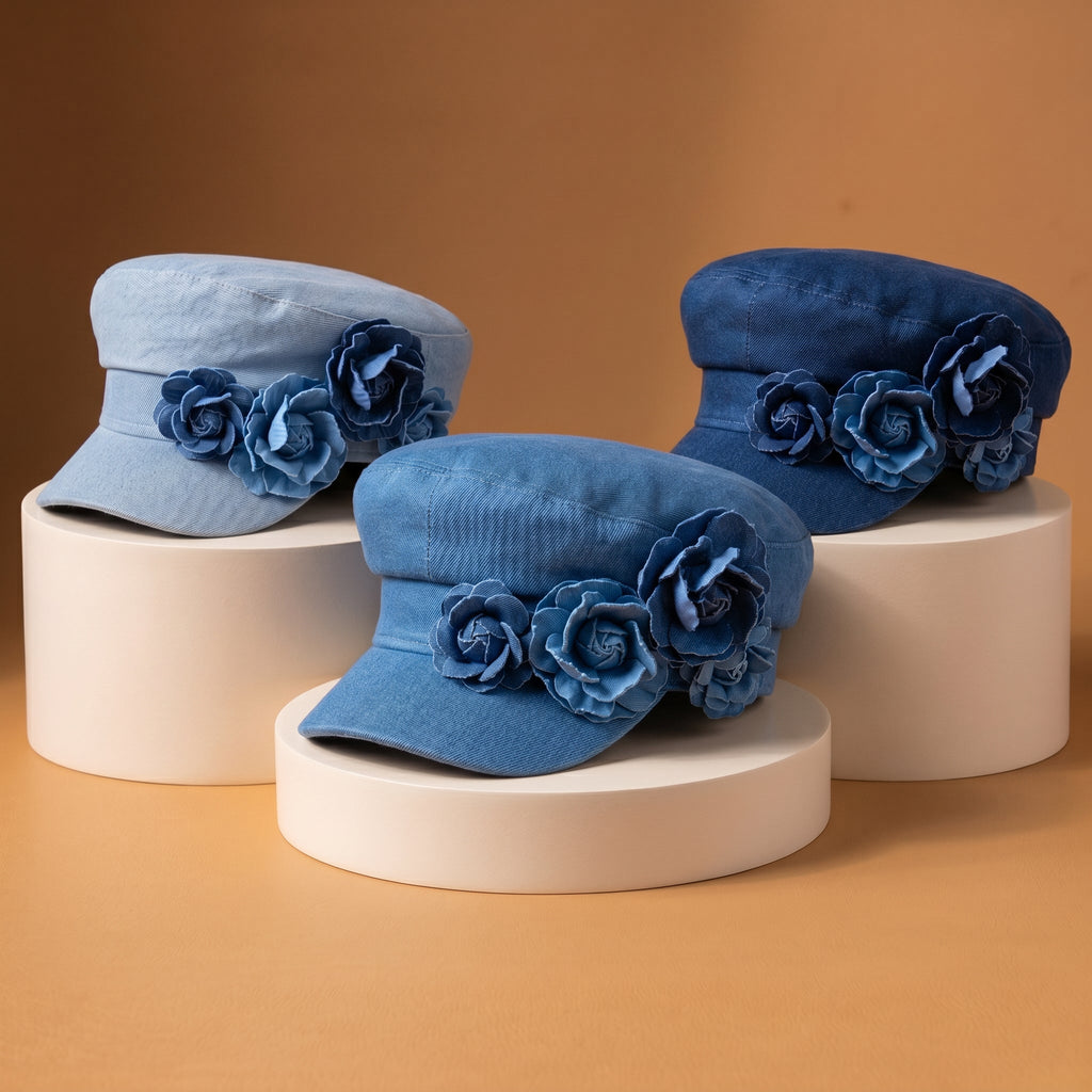 Denim-Hut mit Pfingstrosenmuster