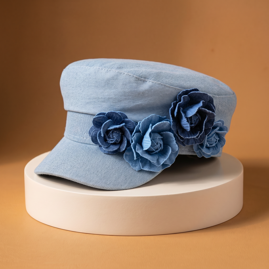 Denim-Hut mit Pfingstrosenmuster