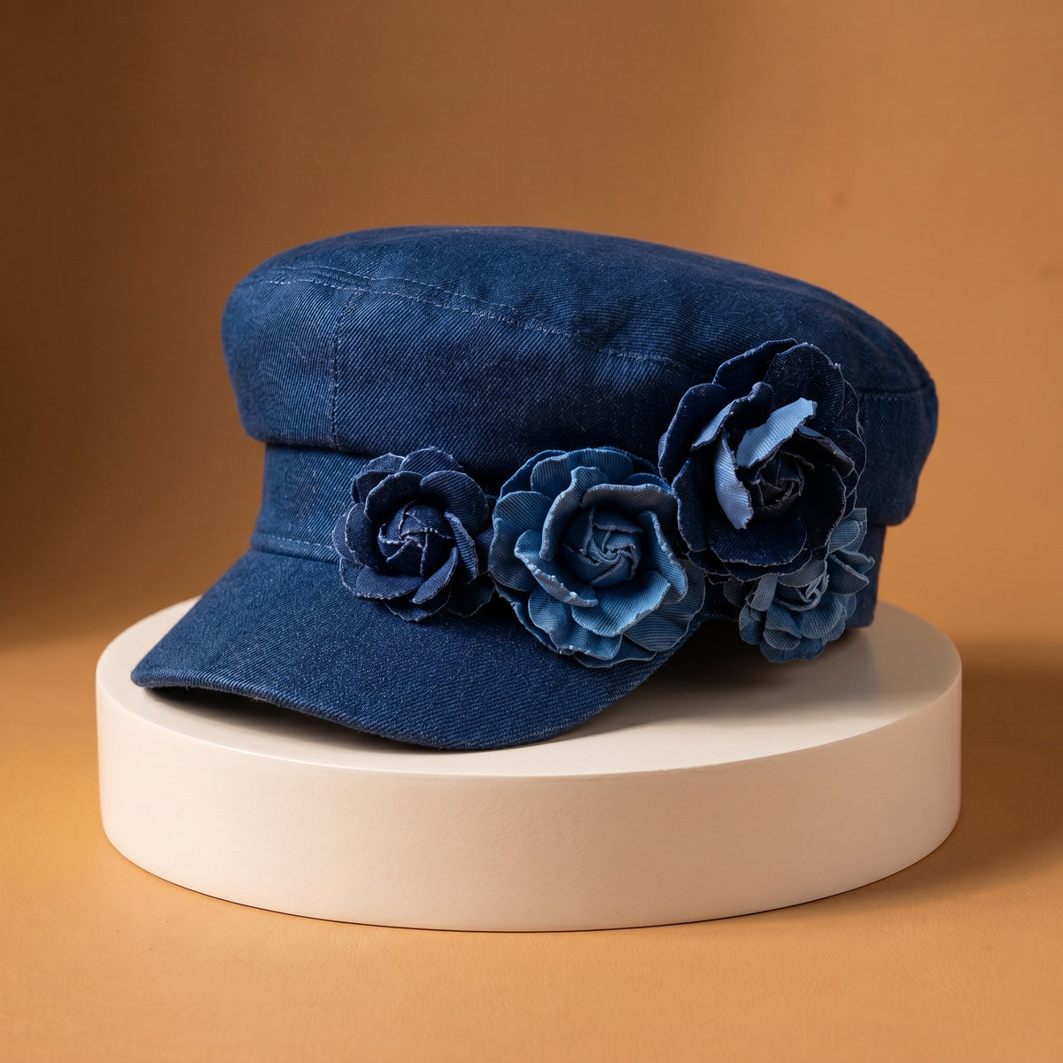 Denim-Hut mit Pfingstrosenmuster